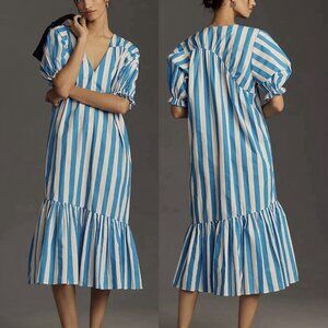 NEW Rhode Kara V-Neck Tiered Blue Striped Midi Dress Short Puff Sleeves Size XL
